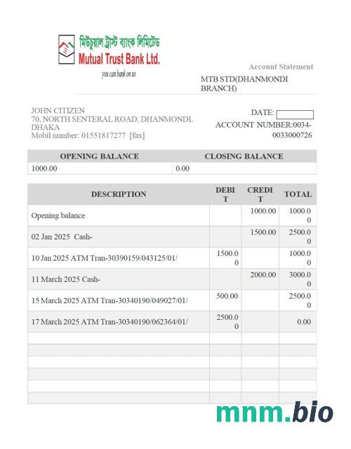 Bangladesz Janata wyciąg bankowy łatwy do wypełnienia szablonu .xls i .format pliku pdf